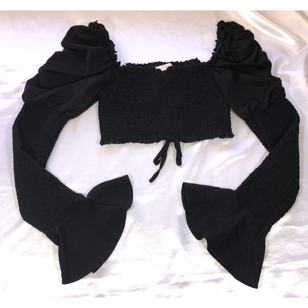 O Vianca Cropped Smocked Puff Bell Sleeve Whimsygoth Milkmaid Black Top Sz M